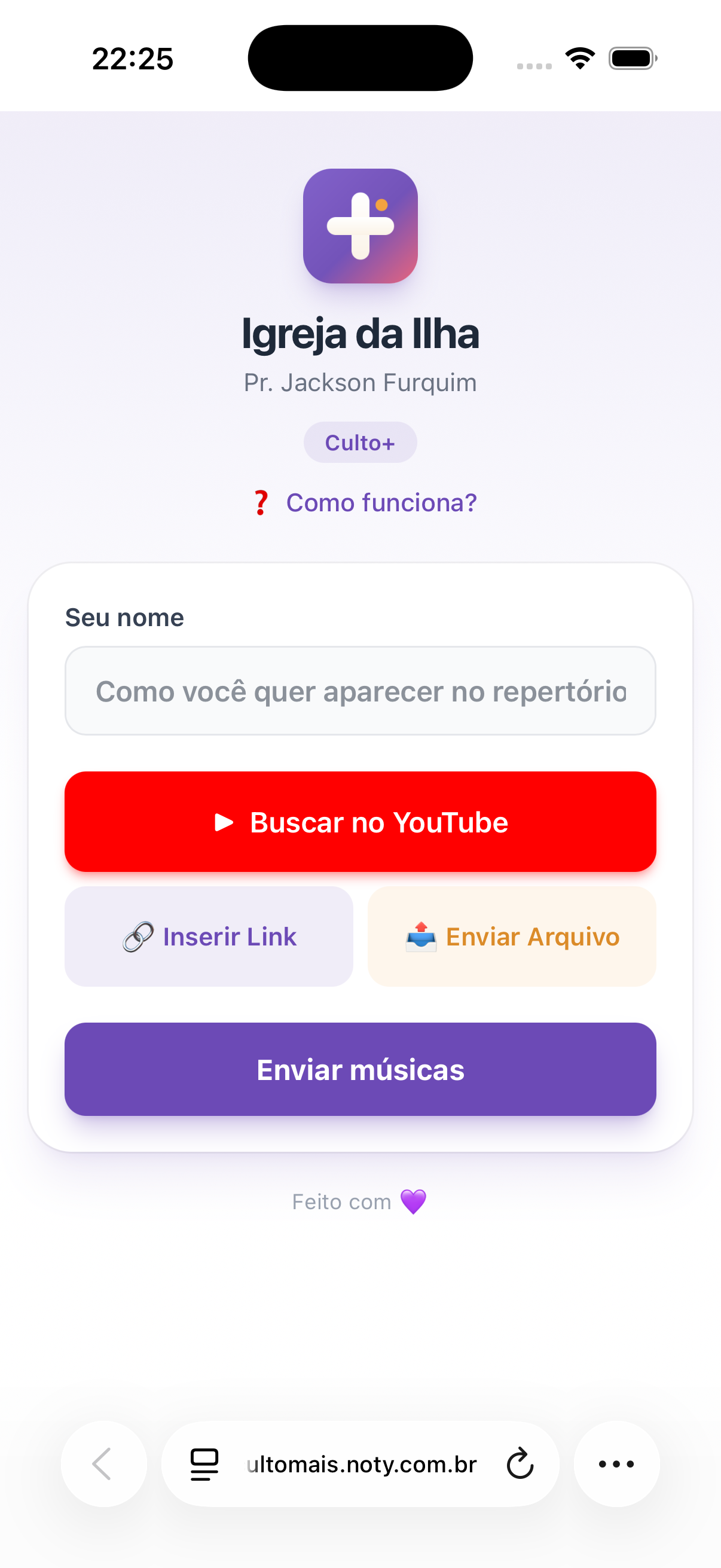 Tela do Culto+ onde o fiel informa nome e músicas